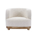 BUTACA ESTACIONARIA EN TELA TEXTURIZADA BLANCA Y ACABADO DE MADERA