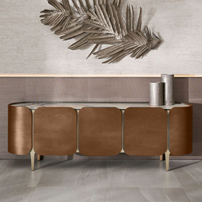 CREDENZA TOPE ESTILO MARMOL Y ACABADO DE MADERA CON PATAS DORADAS