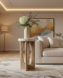 MESA DE CENTRO CON TOPE PIEDRA Y BASE ACABADO DE MADERA