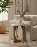 MESA DE CENTRO CON TOPE PIEDRA Y BASE ACABADO DE MADERA