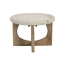MESA DE CENTRO CON TOPE DE MARMO Y BASE ACABADO DE MADERA