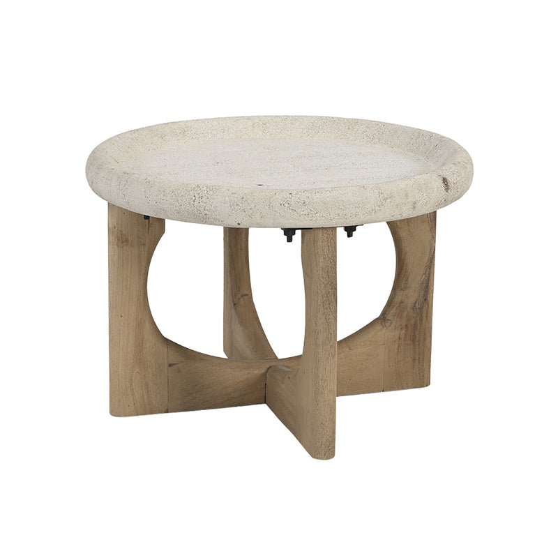 MESA DE CENTRO CON TOPE DE MARMO Y BASE ACABADO DE MADERA