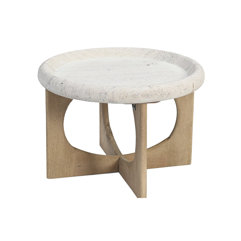 MESA DE CENTRO CON TOPE DE MARMO Y BASE ACABADO DE MADERA