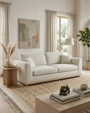 SOFA ESTACIONARIO DE TRES ASIENTOS EN TELA BEIGE
