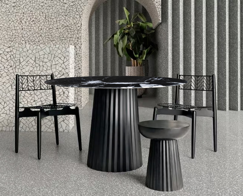 MESA DE COMEDOR CON TOPE DE MARMO Y  BASE EN MADERA NEGRA