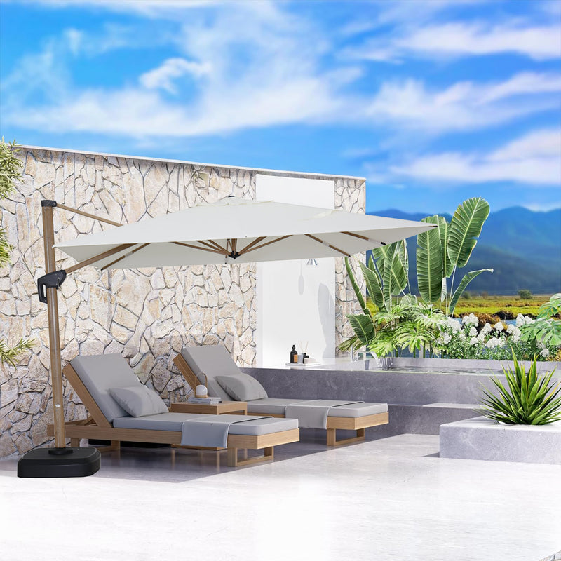 SOMBRILLA 3.5X3.5M COLOR BEIGE CON BASE, CUATRO RUEDAS DESMONTABLE