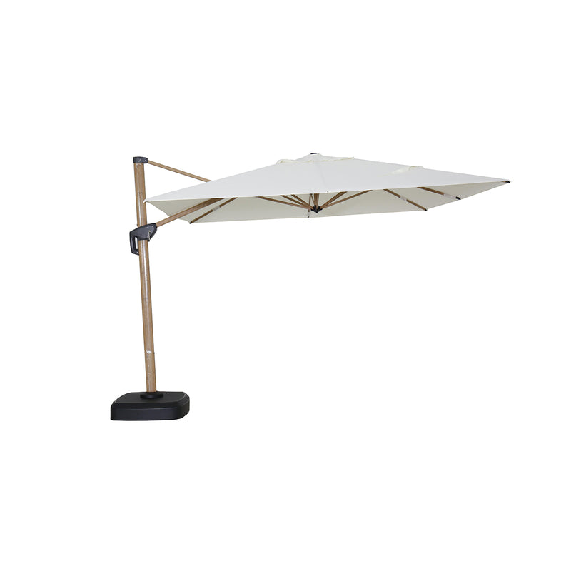 SOMBRILLA 3.5X3.5M COLOR BEIGE CON BASE, CUATRO RUEDAS DESMONTABLE