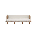 SOFA ESTACIONARIO DE DOS ASIENTOS EN TELA BLANCA Y ACABADO DE MADERA