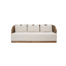 SOFA ESTACIONARIO DE TRES ASIENTOS EN TELA TEXTURIZADA CREMA Y BASE ACABADO DE MADERA