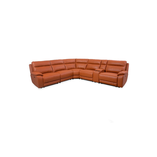 SOFA SECCIONAL RECLINABLE ELECTRICO CON FRENTE DE PIEL NARANJA