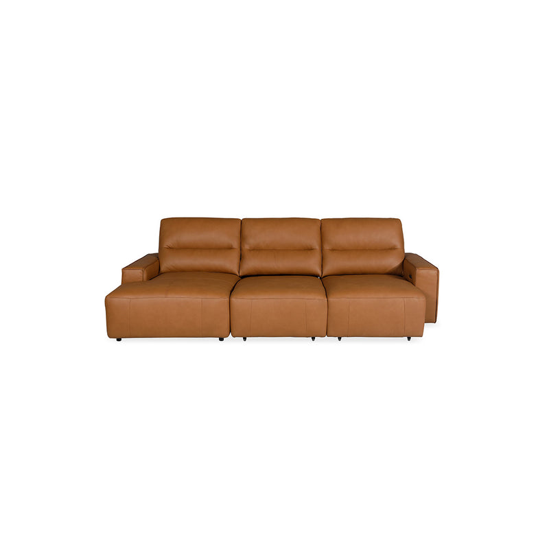 SOFA SECCIONAL RECLINABLE ELECTRICO CON FRENTE DE PIEL CAMEL