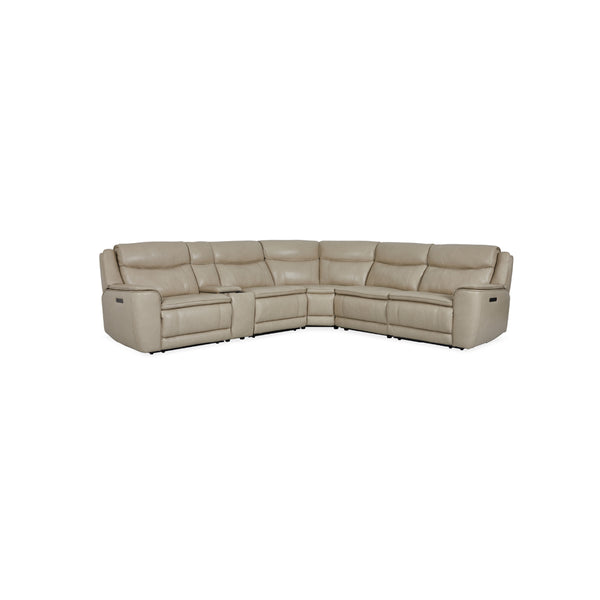 SOFA SECCIONAL RECLINABLE ELECTRICO CON FRENTE DE PIEL CREMA