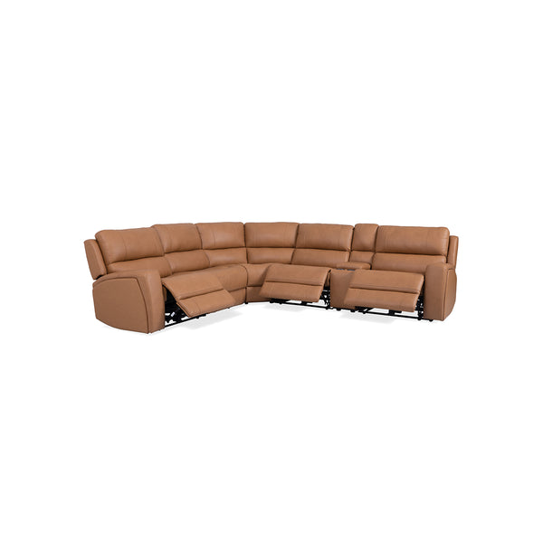 SOFA SECCIONAL RECLINABLE ELECTRICO CON FRENTE DE PIEL CAMEL