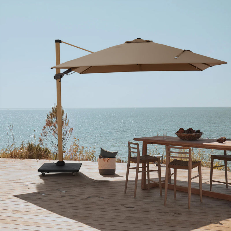 SOMBRILLA PROVENZAL 3X3M CON TAPA INCLINABLE GIRATORIA, COLOR MADERA Y GRIS TAUPE, CON BASE