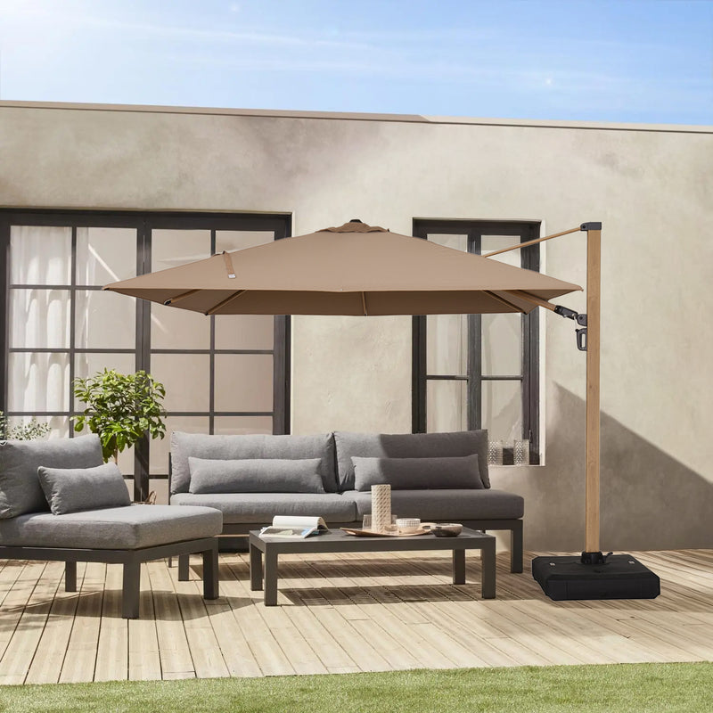 SOMBRILLA COLGANTE MELBOURNE EN COLOR GRIS TAUPE DE 3X3M CON BASE