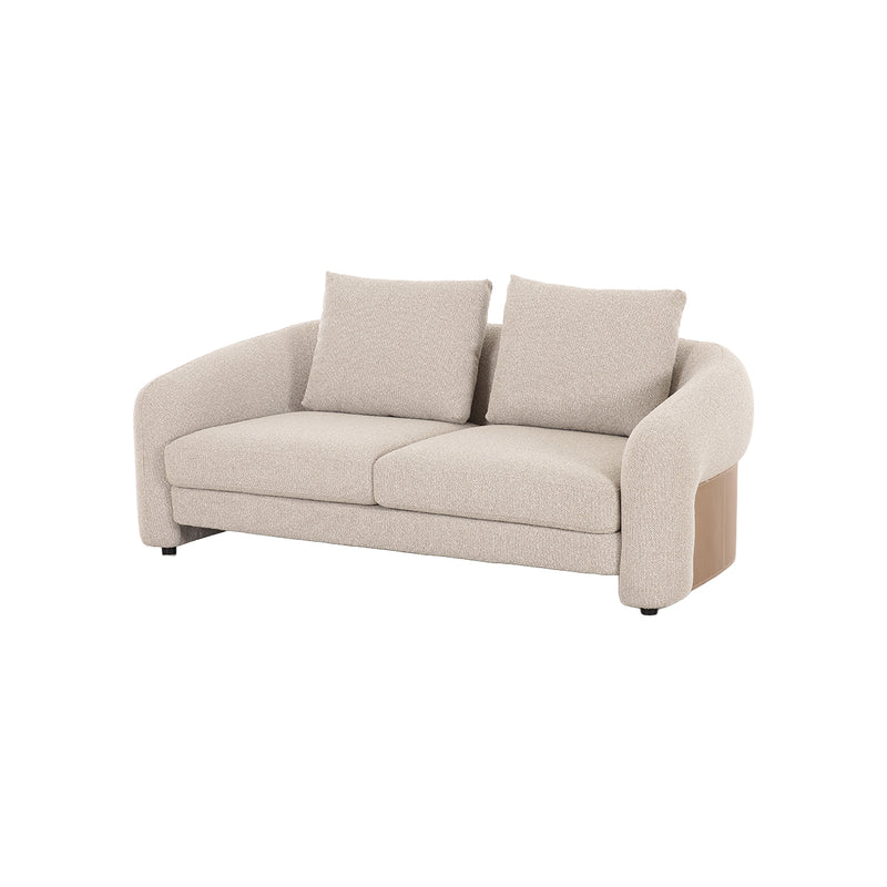SOFA ESTACIONARIO DE DOS ASIENTOS EN TELA BEIGE Y PU CAMEL