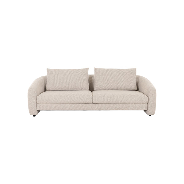 SOFA ESTACIONARIO DE TRES ASIENTOS EN TELA BEIGE Y PU CAMEL