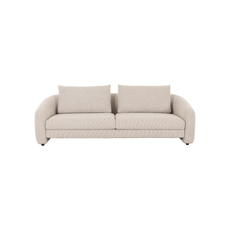 SOFA ESTACIONARIO DE TRES ASIENTOS EN TELA BEIGE Y PU CAMEL