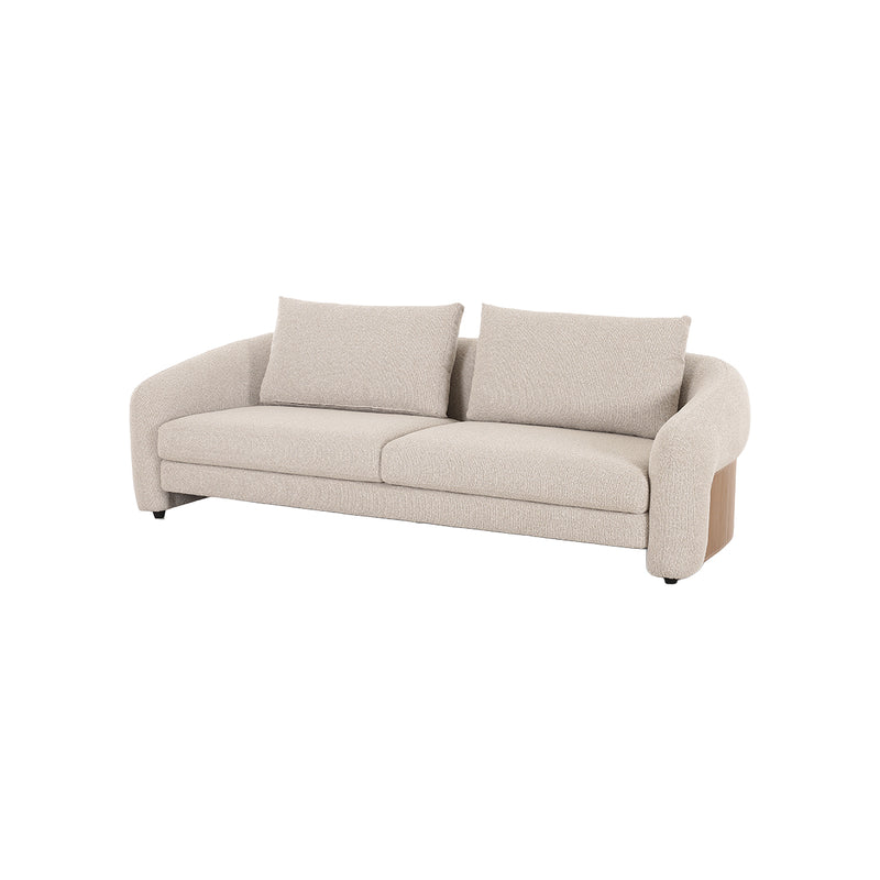 SOFA ESTACIONARIO DE TRES ASIENTOS EN TELA BEIGE Y PU CAMEL