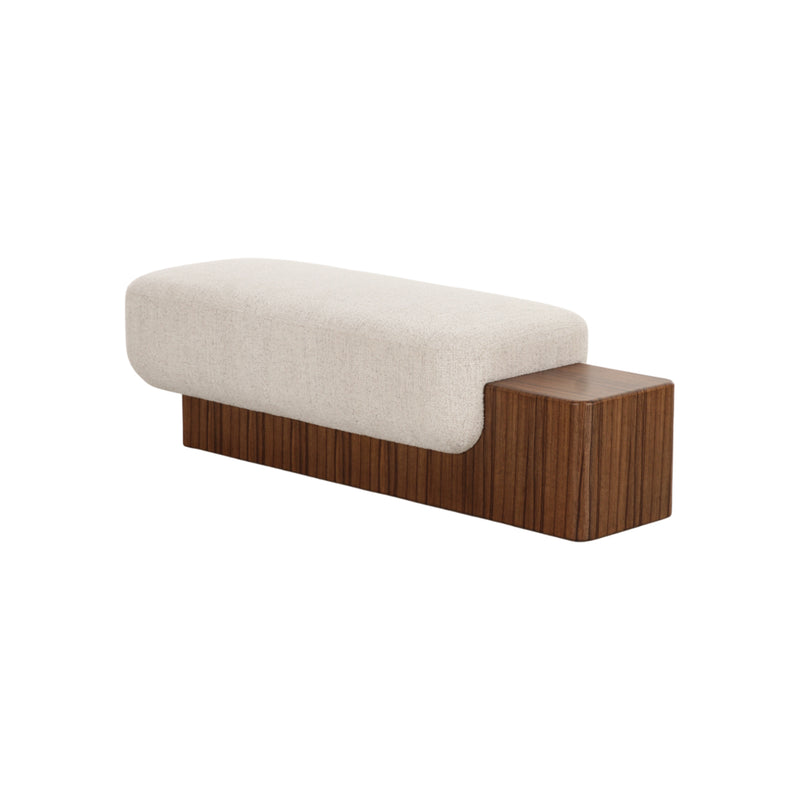 BANCO EN TELA BLANCA Y BASE ACABADO DE MADERA