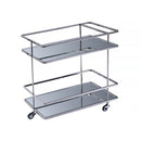 SILVER MIRROR SHELVES. SHINY STAINLESS STEEL TUBE FRAME, WITH CASTERS LOCKABLE