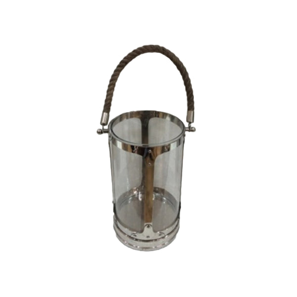GLASS & STIANLESS STEEL LANTERN WITH ROPE HANDLE 8.25x14