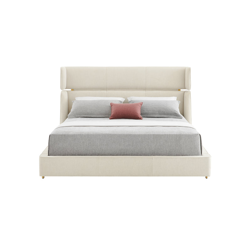 CAMA KING EN TELA BEIGE Y PATAS DORADAS