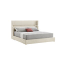 CAMA KING EN TELA BEIGE Y PATAS DORADAS