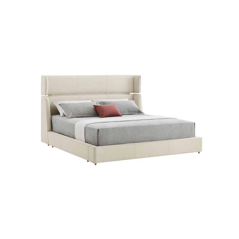 CAMA KING EN TELA BEIGE Y PATAS DORADAS