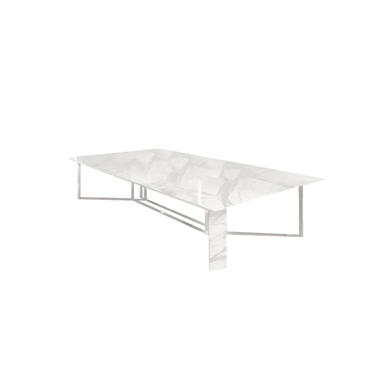 MESA DE CENTRO VOLAKAS EN MARMOL INDUSTRIALIZADO BLANCO Y ACABADO PLATEADO