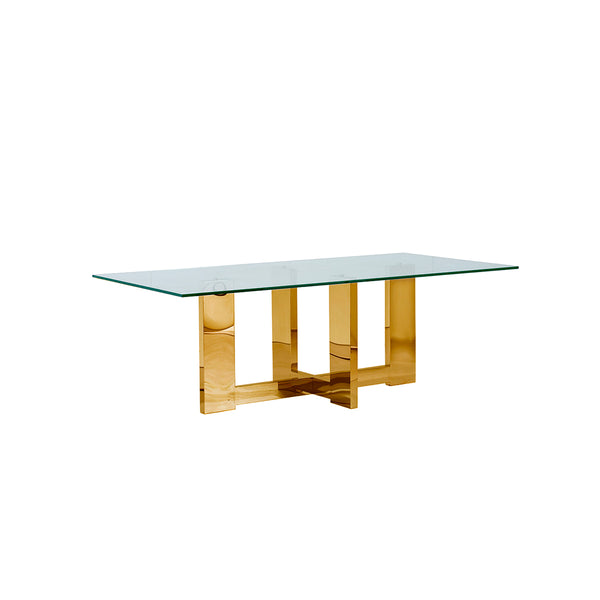 MESA DE COMEDOR RECTANGULAR CON TOPE DE VIDRIO TRANSPARENTE Y BASE  DORADA