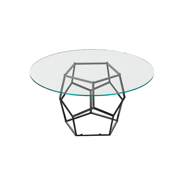 MESA DE COMEDOR REDONDA CON TOPE DE VIDRIO TRANSPARENTE Y BASE PLATEADA