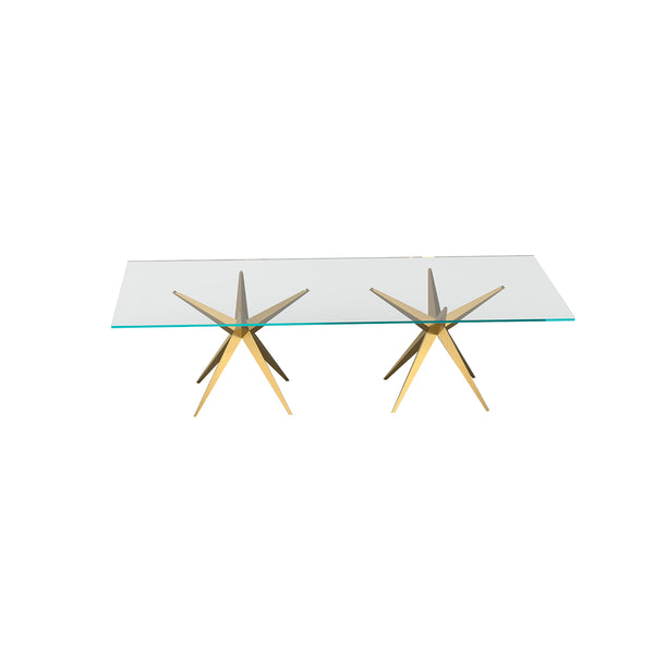MESA DE COMEDOR RECTANGULAR CON TOPE DE VIDRIO TRANSPARENTE Y BASE DORADA