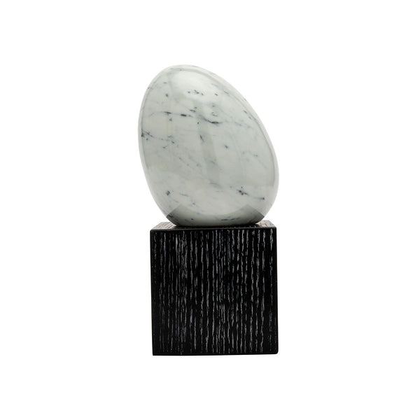 PORCELAIN OSTRICH EGG ON WOOD BASE WHITE MARBLE AND BLACK
