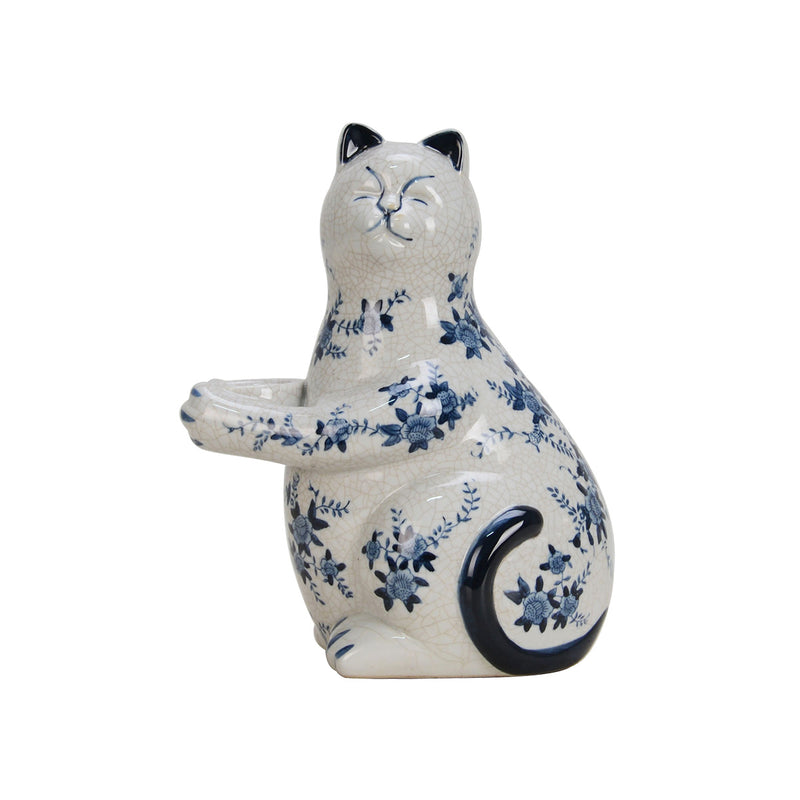 ***FIGURA DE GATO DECORATIVO DE PORCELANA EN COLOR AZUL Y BLANCO