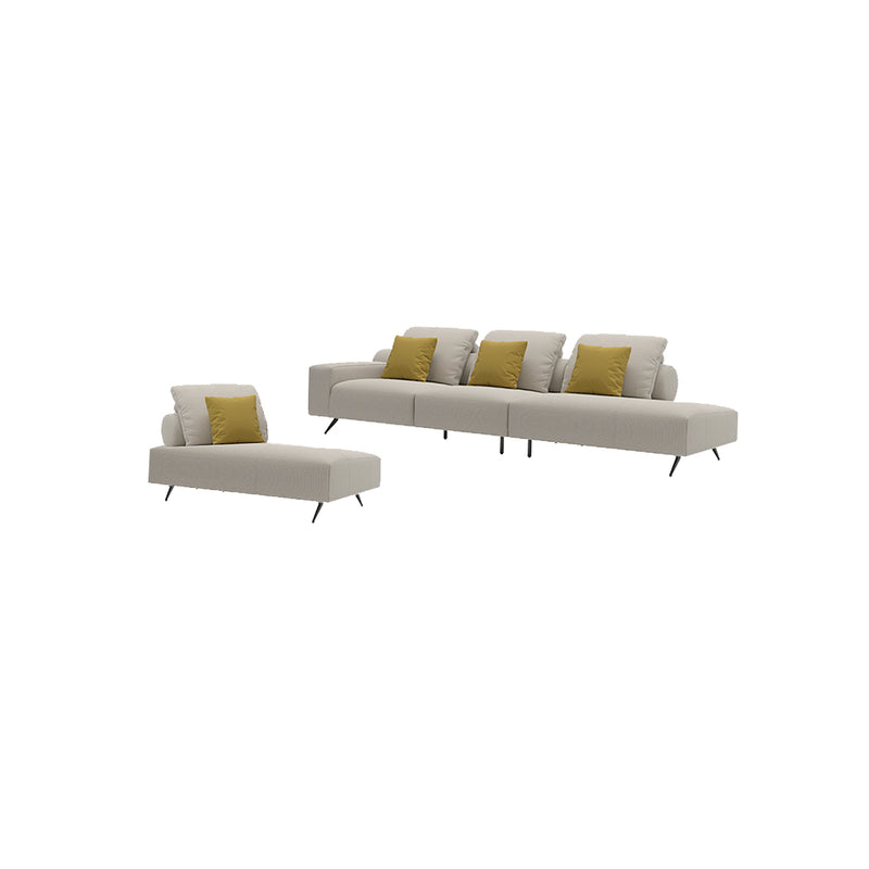 SET SOFA ESTACIONARIO EN TELA BEIGE Y BUTACA SUELTA, CHAISE DERECHO