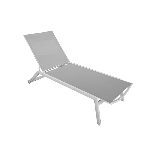 CHAISE LOUNGE MYRON EN TELA GRIS Y ALUMINIO BLANCO