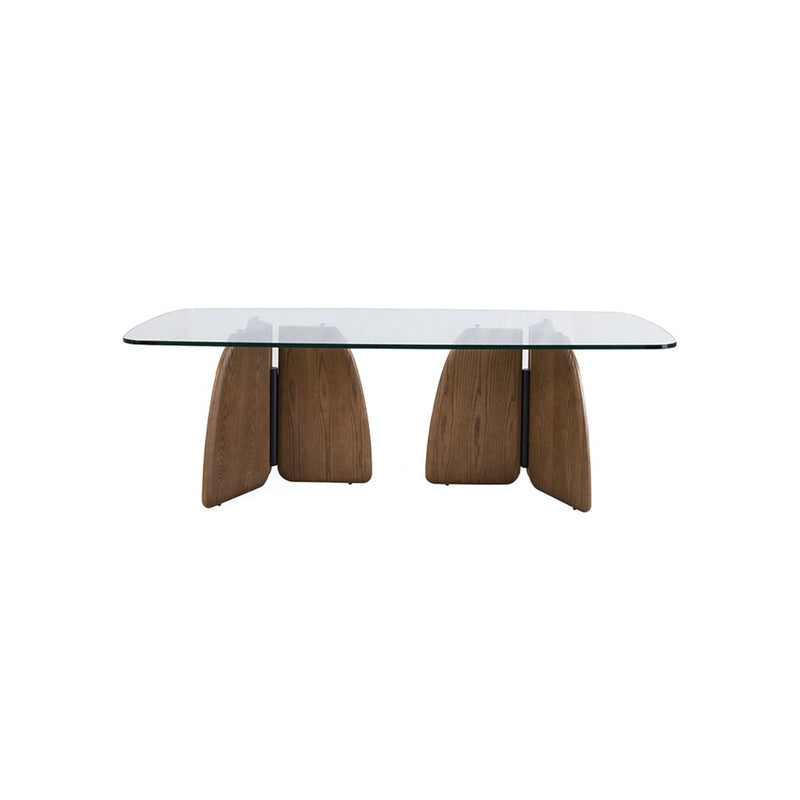 MESA COMEDOR  CON TOPE DE CRISTAL Y BASE DE MADERA DE FRESNO