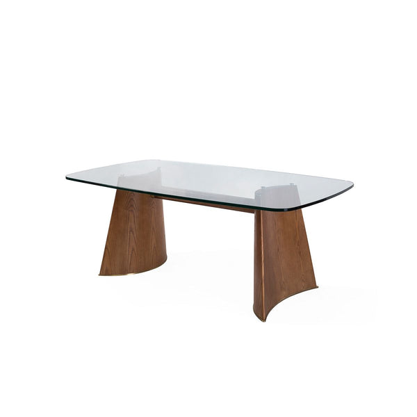 MESA COMEDOR CON TOPE DE CRISTAL Y BASE EN MADERA DE FRESNO