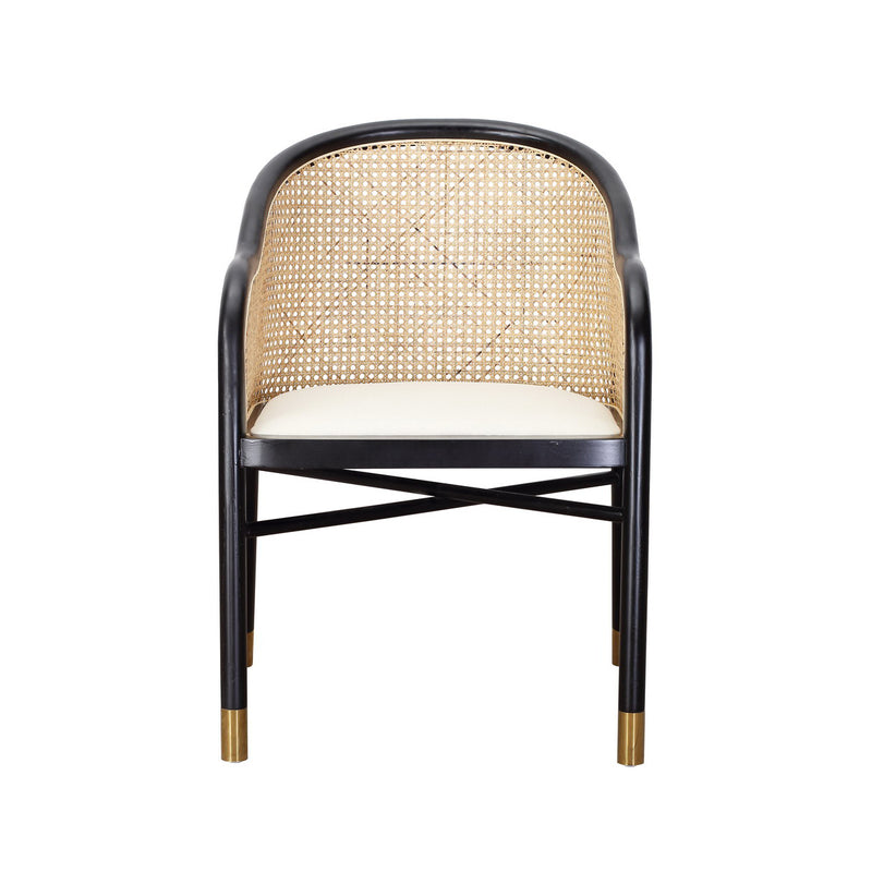 SILLA DE COMEDOR ASIENTO EN TELA BLANCA Y RATTAN CON MARCO NEGRO