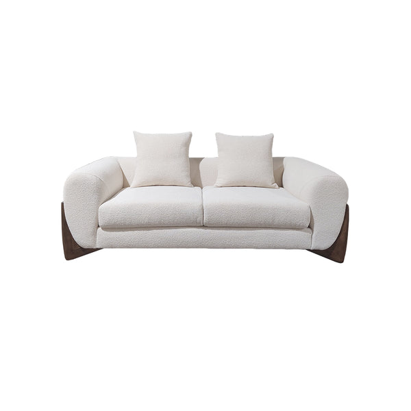 SOFA ESTACIONARIO DE DOS SIENTOS EN TELA BLANCA CON PATAS MARRONES