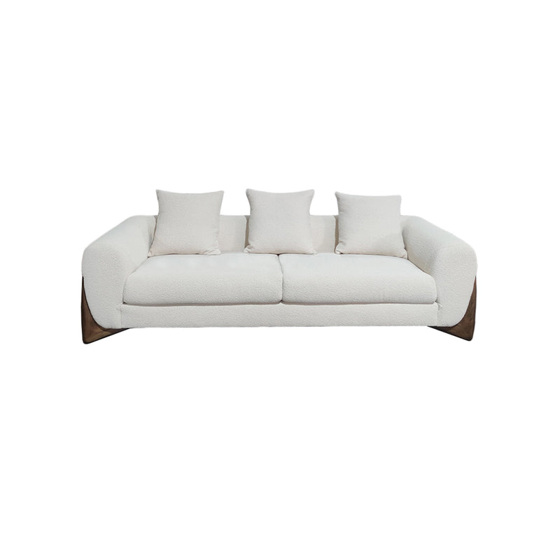 SOFA ESTACIONARIO DE CUATRO SIENTOS EN TELA BLANCA CON PATAS MARRONES