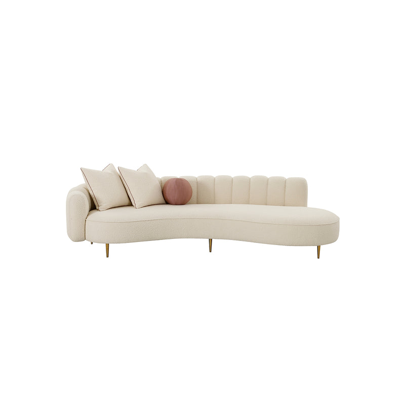 CHAISE LOUNGE EN TELA BLANCA CON PATAS DORADAS